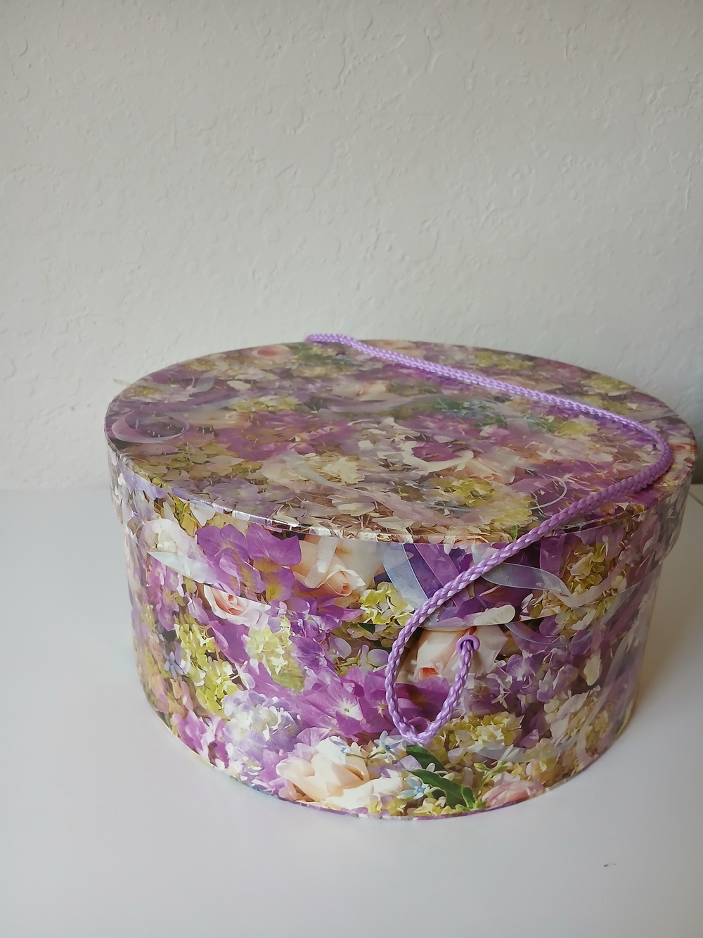 Floral Round Hat Box with Lavender Rope